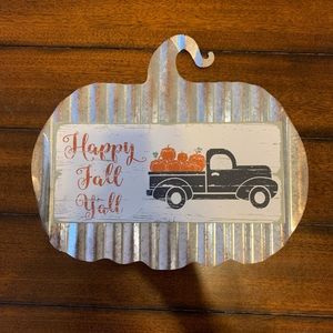 Tin Pumpkin with wood plaque Fall Decor